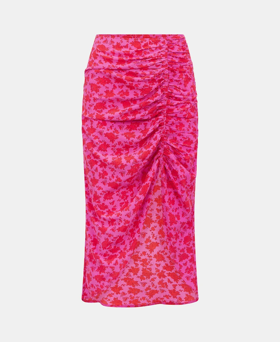 Pink Floral Ruche Side Midi Skirt