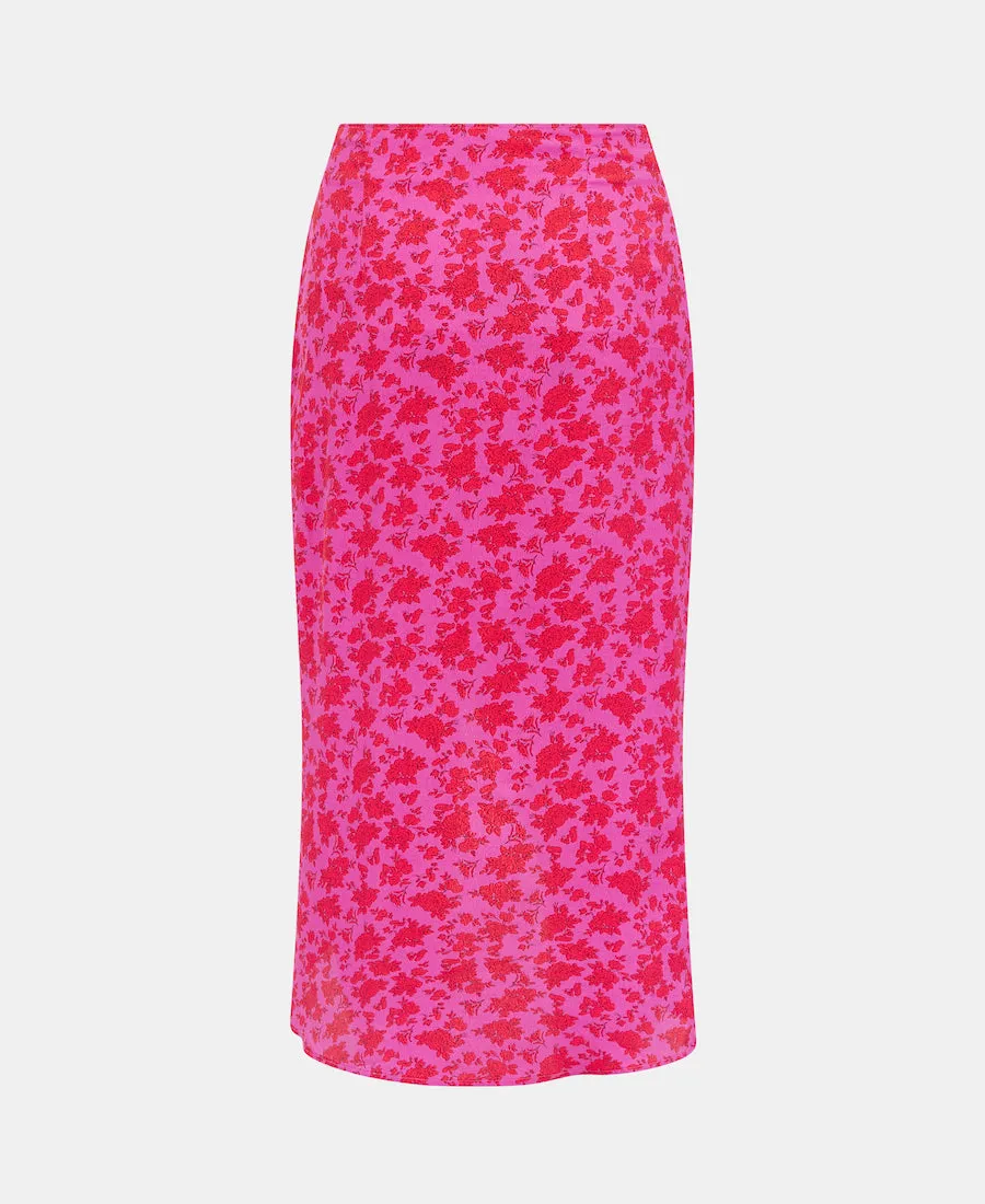 Pink Floral Ruche Side Midi Skirt