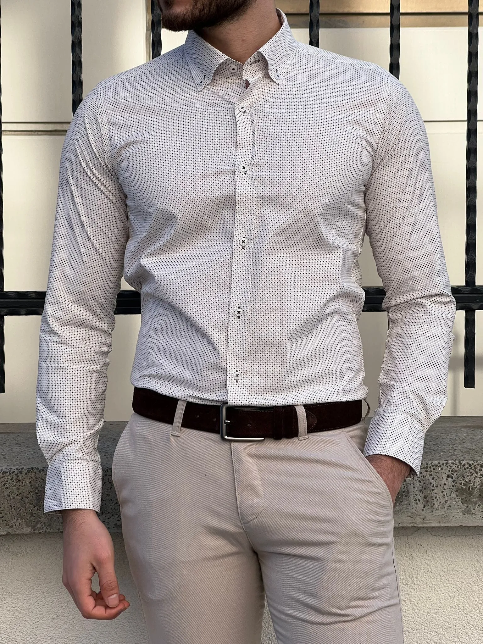 Slim Fit Patterned Cotton Beige Shirt