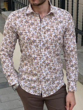 Slim Fit Patterned Cotton Beige Shirt