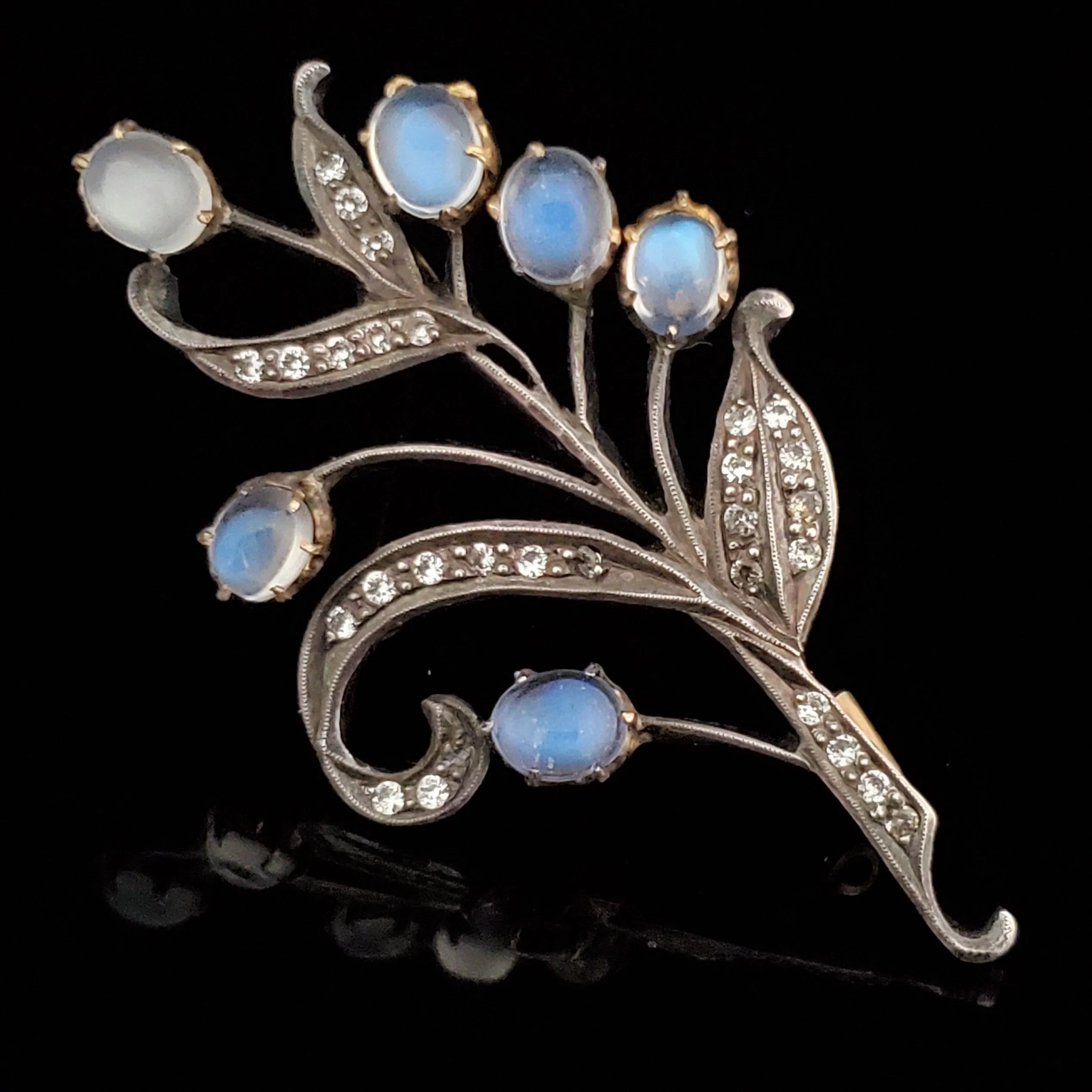 The Austin - Victorian Era Moonstone Diamond 14k Gold Silvertop Brooch