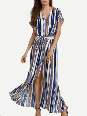 Women Stripe Front Slit Maxi Dress