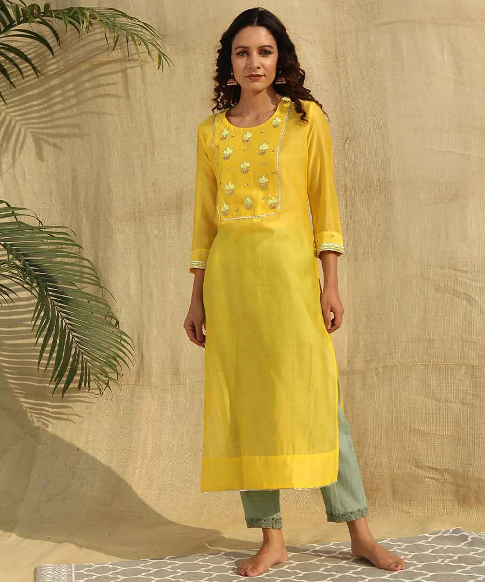 Yellow green handwoven lotus chanderi silk kurta set of-3