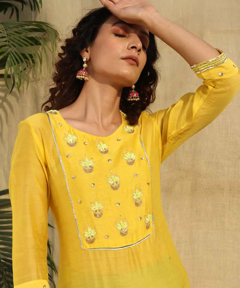 Yellow green handwoven lotus chanderi silk kurta set of-3